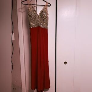Elegant Red Gown with Embellished Bodice